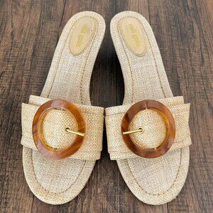 Cult Gaia Nelly Wide Strap Raffia Buckle Sandal Woven Slip On Heel Size 40 Tan